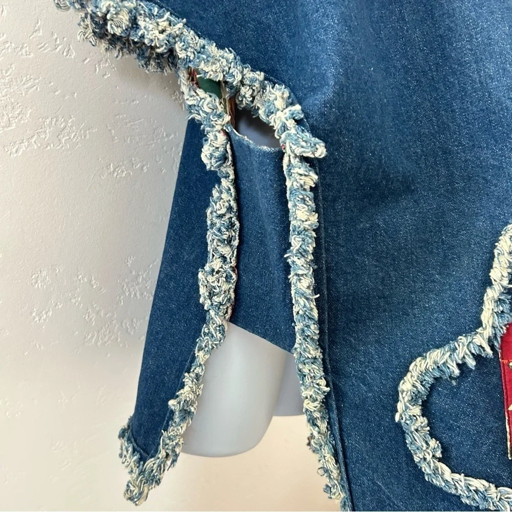 HANDMADE Vintage Denim Patchwork Kimono Jacket Heart Pockets Plaid Lining OSFM